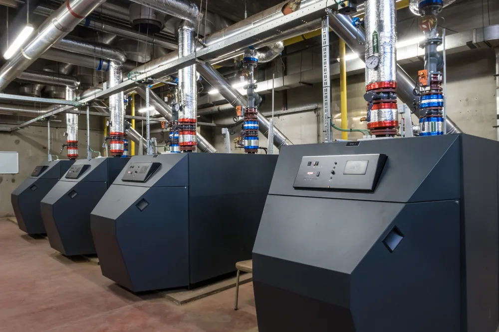 Gas-fired commercial boilers installed in a plant room