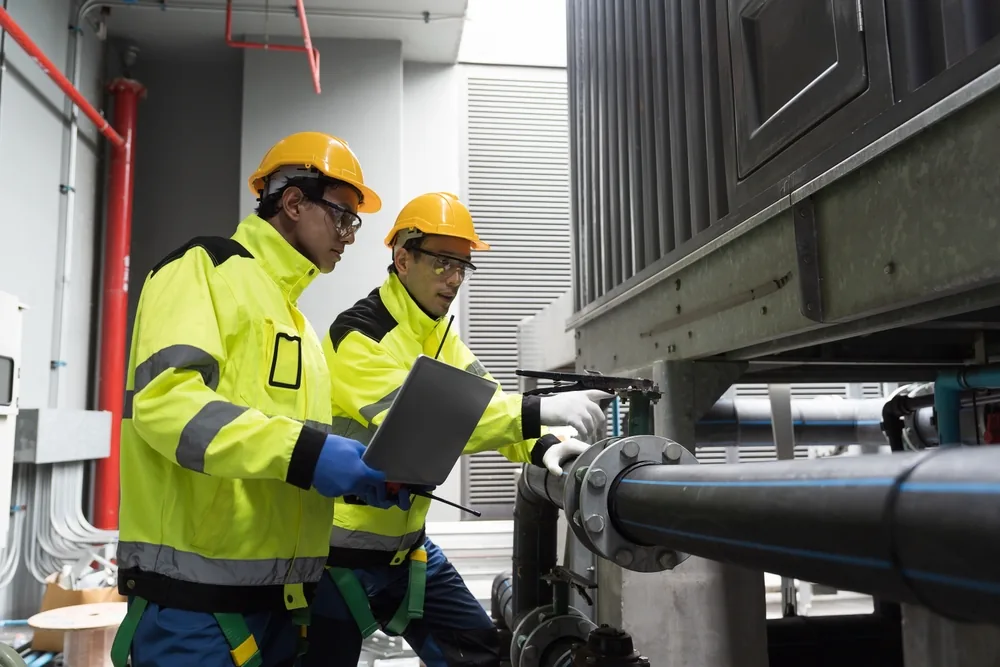 Engineers carrying out planned maintenance on plant room pipework